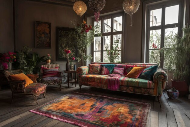 Illustration générative d'un grand canapé de style boho chic avec un design audacieux et des couleurs claires en velours avec des impressions de fleurs et des rayures différentes