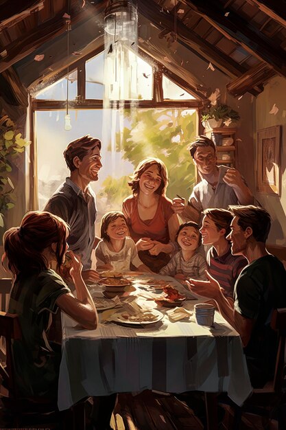 Illustration générative d'une grande famille caucasienne heureuse mangeant dans la cuisine avec des rayons de lumière traversant la fenêtre Concept de bonheur