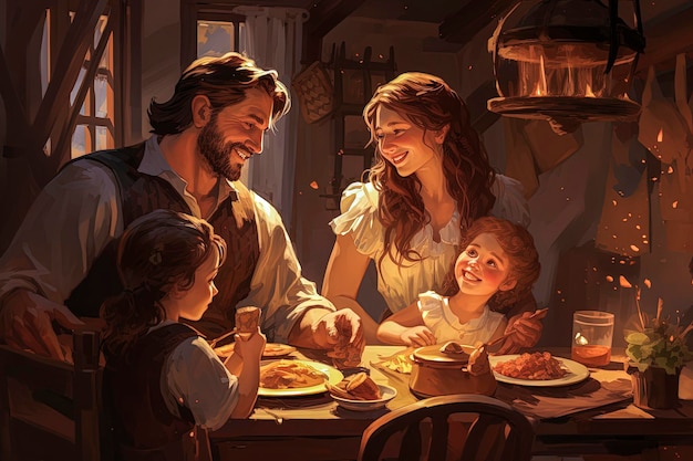 Illustration générative d'une grande famille caucasienne heureuse mangeant dans la cuisine avec des rayons de lumière traversant la fenêtre Concept de bonheur