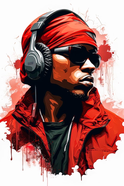 Illustration générative d'un homme noir écoutant de la musique hip hop avec des écouteurs dans un style d'illustration vectorielle Art numérique