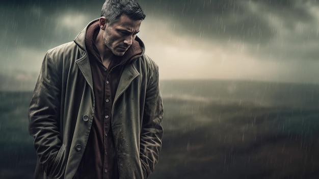 Photo une illustration générative d'un homme triste debout sous la pluie