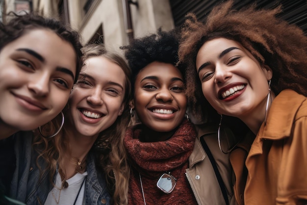 Illustration générative de l'IA d'amies multiethniques joyeuses souriant et prenant un selfie dans la rue