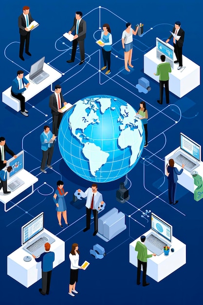 Illustration générative d'IA d'arrière-plan de bureau avec globe et ordinateurs gérés concept de commerce électronique et d'économie de commerceStyle d'illustration