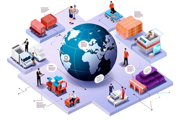 Illustration générative d'IA d'arrière-plan de bureau avec globe et ordinateurs gérés concept de commerce électronique et d'économie de commerceStyle d'illustration