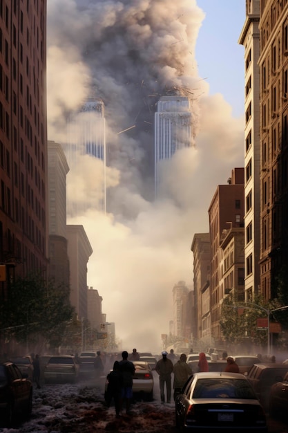 Illustration générative de l'IA de l'attaque du 911 contre les tours jumelles du terrorisme islamique à New York