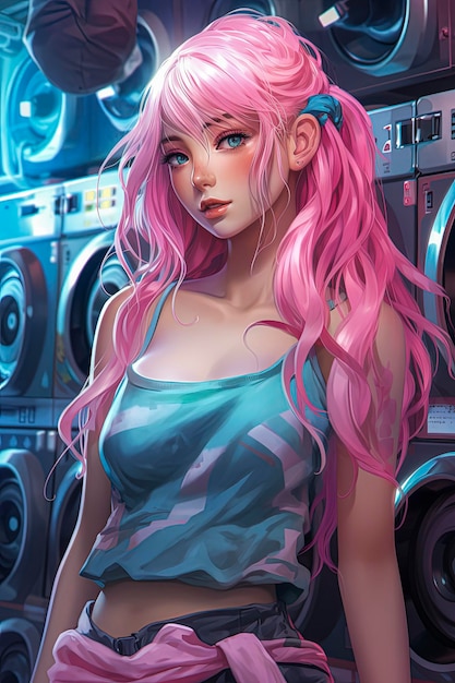 Illustration générative de l'IA d'une belle fille aux cheveux roses dans une buanderie Style manga de dessin animé Art numérique