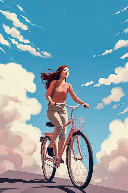 Illustration générative de l'IA d'une belle fille heureuse faisant du vélo avec un panierDans un style d'illustration vectorielle minimal Art numérique