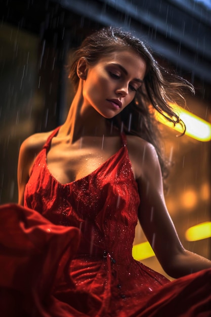 Illustration générative d'IA d'une belle fille en robe rouge profitant sous la pluie avec une veilleuse se promenant dans les rues de la ville