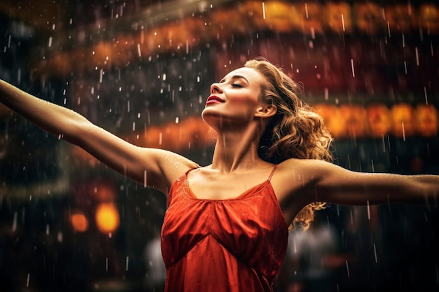 Illustration générative d'IA d'une belle fille en robe rouge profitant sous la pluie avec une veilleuse se promenant dans les rues de la ville