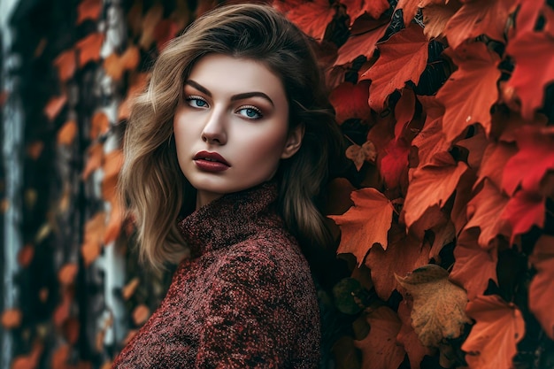 Illustration générative de l'IA d'une belle jeune femme caucasienne avec un fond de feuilles rouges dans des couleurs d'automne habillée à la dernière mode