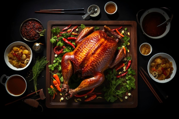 Illustration générative de l'IA de canard rôti laqué fait maison dans le style Pékin avec des sauces, des légumes et des épices Cuisine chinoise typique