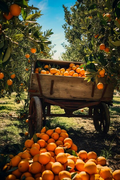 Illustration générative de l'IA d'un champ d'orangers en saison de récolte Fruits sains avec des vitamines