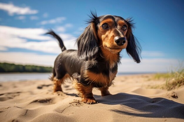 Illustration générative de l'IA d'un chien dachshund se promenant sur la plage par une journée ensoleillée d'été