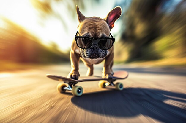 Illustration générative de l'IA d'un chien drôle avec des lunettes de soleil qui fait du skateboard
