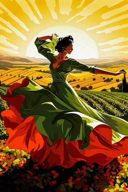 Illustration générative d'IA d'un danseur de flamenco sur fond de paysage andalou Illustration de style typiquement espagnol