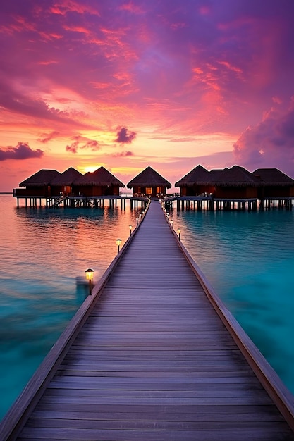 Illustration générative de l'IA du paysage des cabines de luxe au-dessus de la mer dans les îles des Maldives tourisme de luxe