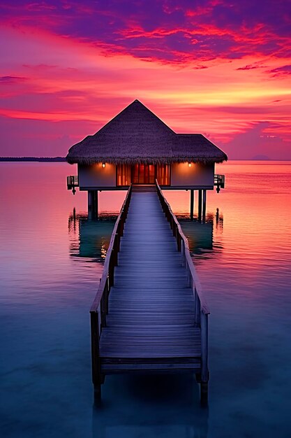 Illustration générative de l'IA du paysage des cabines de luxe au-dessus de la mer dans les îles des Maldives tourisme de luxe