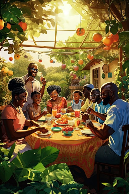 Illustration générative de l'IA d'une famille noire nombreuse et heureuse mangeant un dessert composé de divers fruits sains dans le concept de famille de jardin