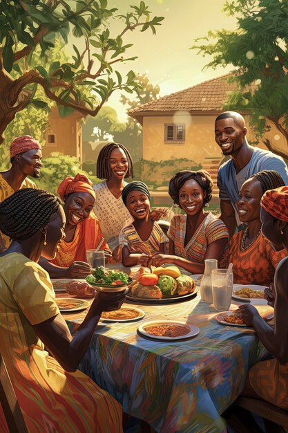 Illustration générative de l'IA d'une famille noire nombreuse et heureuse mangeant un dessert composé de divers fruits sains dans le concept de famille de jardin