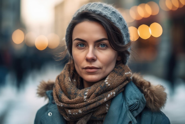 Illustration générative d'IA d'une femme calme portant un chapeau chaud et une veste avec un foulard regardant la caméra dans la rue