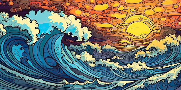 Illustration générative IA générée par l'IA des vagues hawaïennes ciel coucher de soleil ambiance tropicale Art graphique