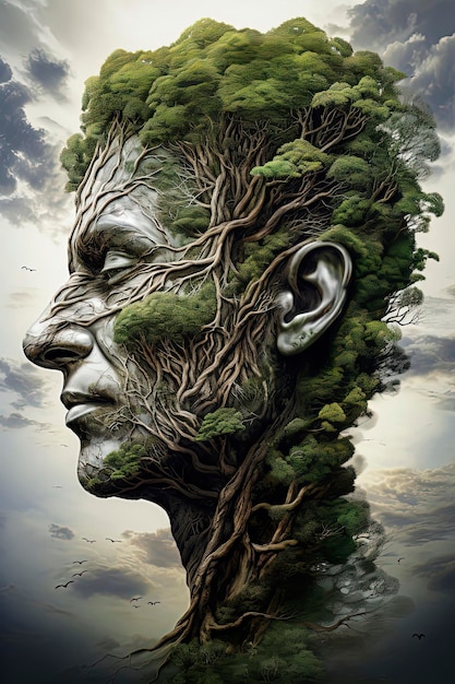Illustration générative de l'IA de l'homme devant un grand arbre concept d'environnement forestier durable Recycler sauver la terre Art numérique