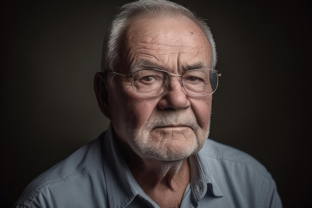 Illustration générative d'IA d'un homme sérieux senior portant des lunettes et une chemise regardant la caméra