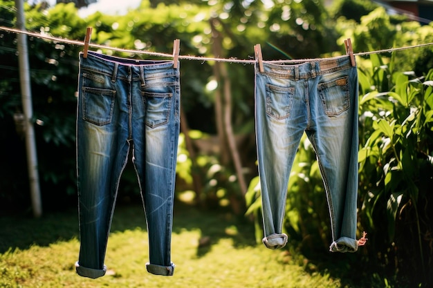 Illustration générative de l'IA de jeans suspendus pour sécher un jour ensoleillé Mode de jeans bleus