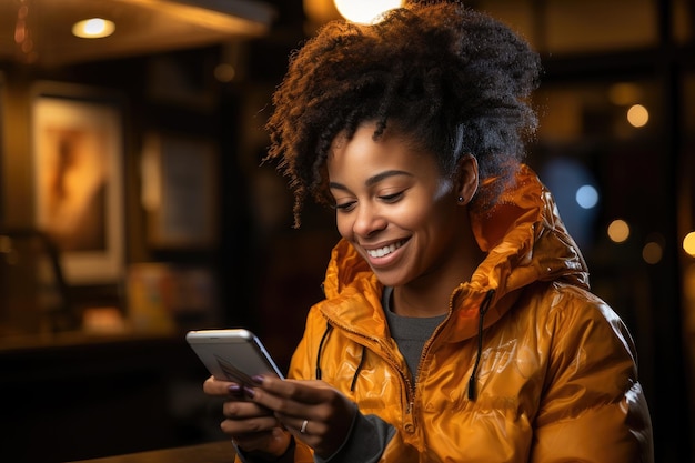 Illustration générative de l'IA d'une jeune femme noire souriante avec des cheveux afro qui navigue sur son téléphone portable pendant le mess