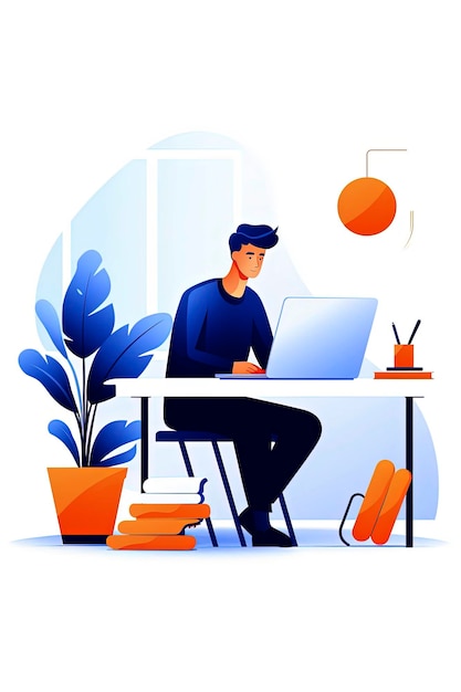 Photo illustration générative d'une ia d'un jeune homme travaillant sur un ordinateur portable dans un bureau illustration de style vectoriel minimaliste