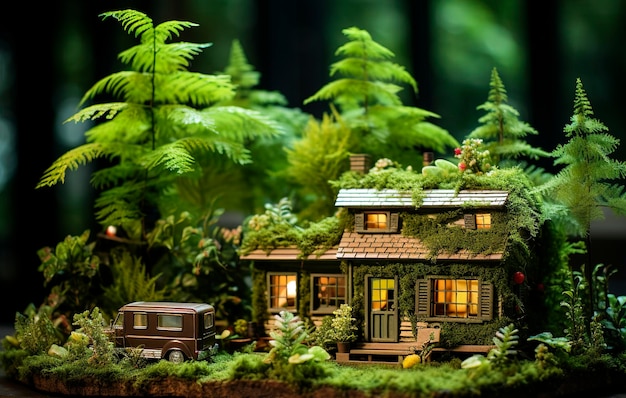 Illustration générative de l'IA d'une maison écologique dans un environnement vert entouré de forêts Construction durable