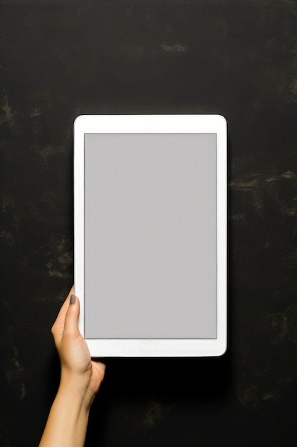 Illustration générative d'IA d'une maquette vide de tablette tenue par une main sur fond sombre Technologie de communication et de publicité