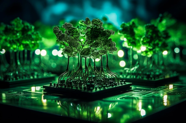 Illustration générative d'IA de petites plantes vertes poussant sur une puce informatique représentant le génie génétique