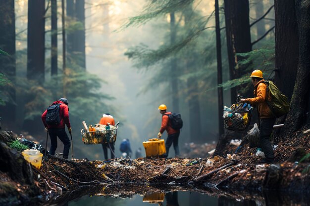 Illustration générative de l'IA de petits ouvriers nettoyant la forêt des déchets et des plastiques Monde durableConcept de recyclage