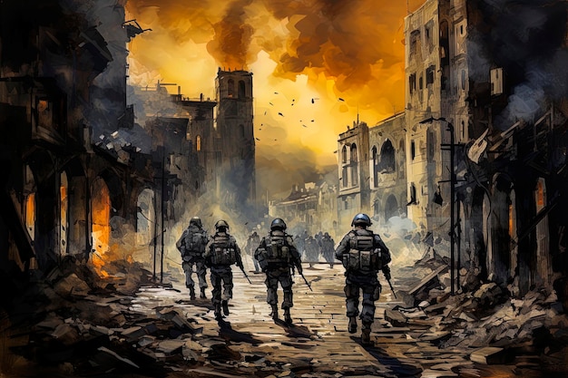 Illustration générative d'IA de soldats israéliens patrouillant dans la bande de Gaza parmi les ruines, bombes et incendies Guerre d'Israël