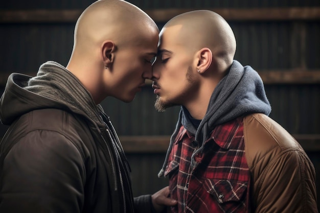 Illustration générative d'un jeune couple gay, homme gay amoureux, baiser chauve
