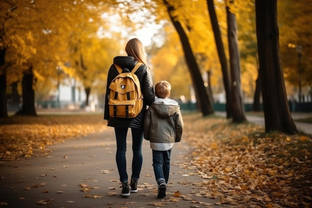 Illustration générative d'une jeune mère avec un sac à dos jaune se promenant dans un parc d'automne avec son fils.