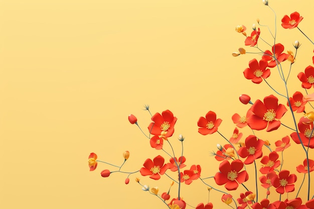 Photo illustration générative de nombreuses petites fleurs jaunes sur un fond rouge pastel