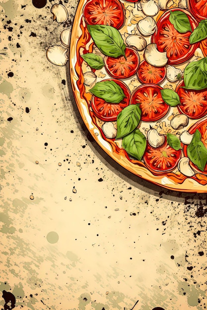 Photo illustration générative par l'ia d'une affiche publicitaire de pizza végétalienne maison dans un style d'illustration vintage cuisine italienne