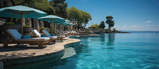 Illustration générative d'une piscine de luxe et de chaises longues, de parapluies près de la plage et de la mer