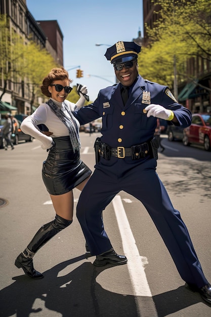 Photo illustration générative d'un policier de new york heureux dansant avec un couple dans la rue habillé en uniforme des gens heureux