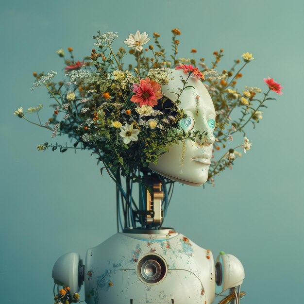 Photo illustration générative d'un robot avec des fleurs colorées