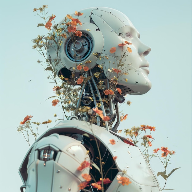 Photo illustration générative d'un robot avec des fleurs colorées