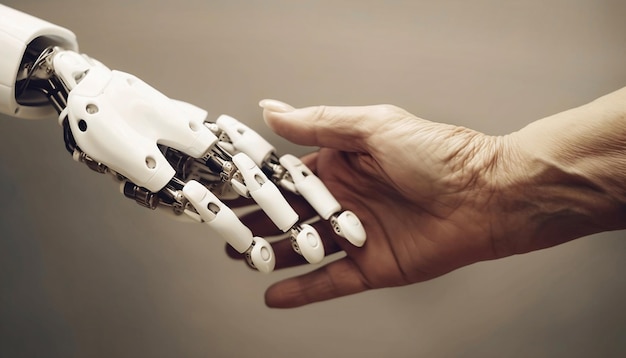 Illustration générative d'un robot tenant la main d'une personne mature non reconnaissable