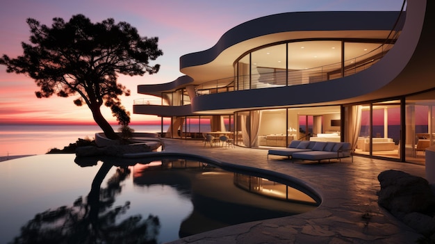 Photo illustration générative d'une villa cubique minimaliste moderne avec piscine