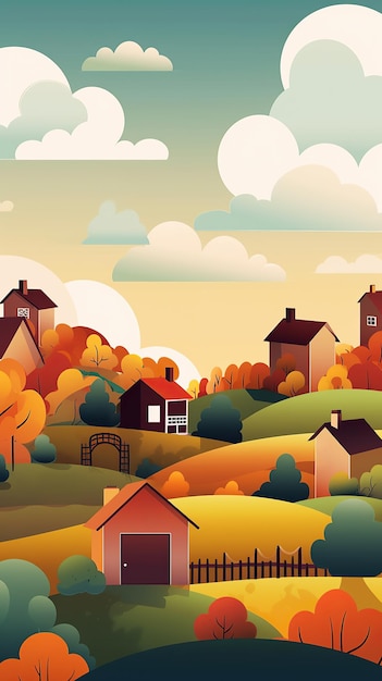 Photo illustration générée en couches d'un village de campagne heureux avec une maison et des arbres