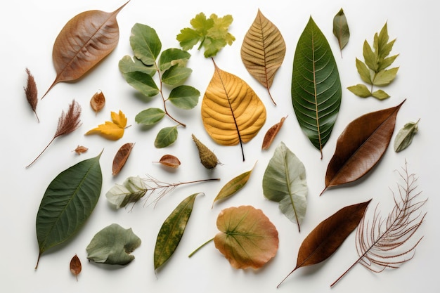 illustration générée de diverses feuilles vertes et sèches sur fond blanc