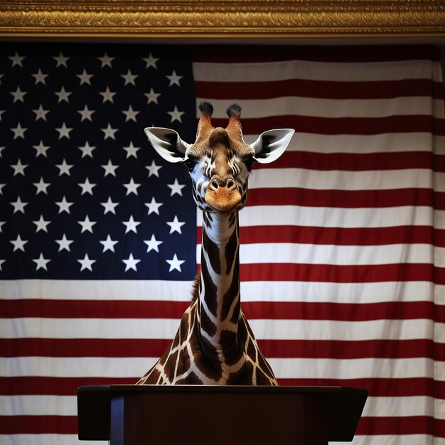illustration générée une girafe derrière un podium