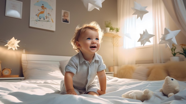 illustration générée jolie petite fille heureuse jouant sur le lit