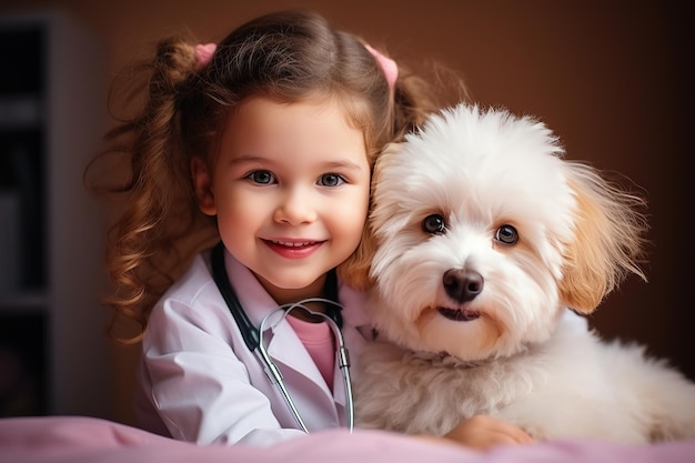 illustration générée de mignonne fille caucasienne vétérinaire doc avec adorable chien